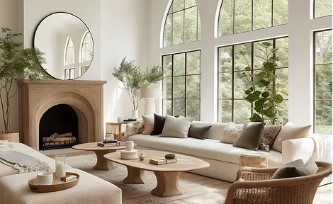 Bright living room with arched windows