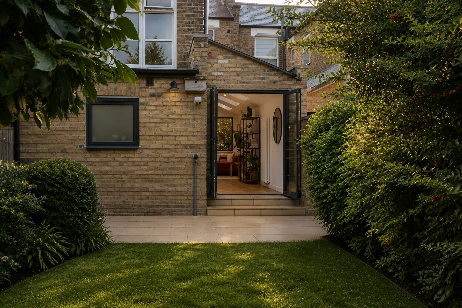 Brick extension opening onto patio and lawn
