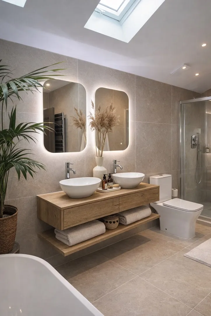 Luxury bathroom with double vanity and skylight